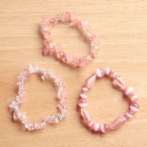 Pink Stone Irregular Iridescent Ball Bead Bracelet Set of Three Lot Elastic Band